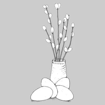 Willow icon. Vector illustration of willow in a vase. Hand drawn willow. Stock Illustration