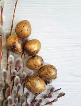 Willow, quail eggs Easter on white wooden Stock Photos