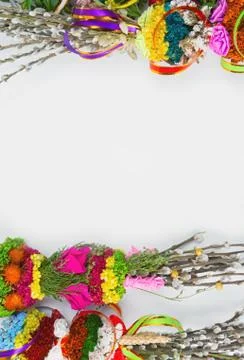 Willow Sunday background of willow branches, willow bouquets. Easter top view Stock Photos