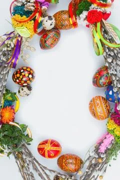 Willow Sunday background of willow branches, willow bouquets. Easter top view Stock Photos