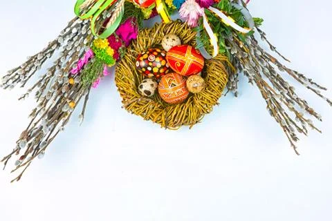 Willow Sunday background of willow branches, willow bouquets. Easter top view Stock Photos