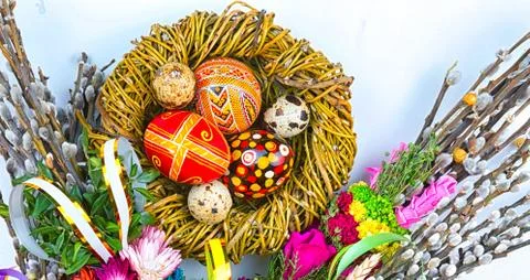 Willow Sunday background of willow branches, willow bouquets. Easter top view Stock Photos