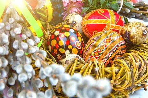 Willow Sunday background of willow branches, willow bouquets. Easter top view Stock Photos