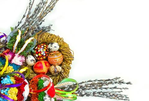 Willow Sunday background of willow branches, willow bouquets. Easter top view Foto stock