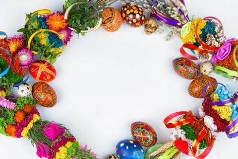 Willow Sunday background of willow branches, willow bouquets. Easter top view Stock Photos
