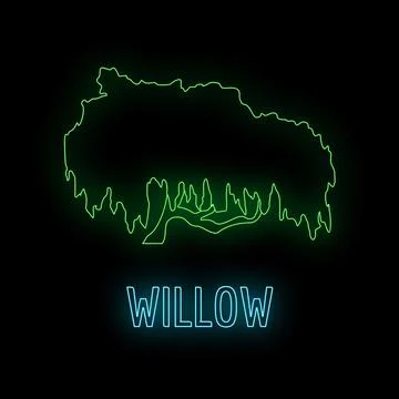Willow tree glowing neon line drawing on black Stock Illustration