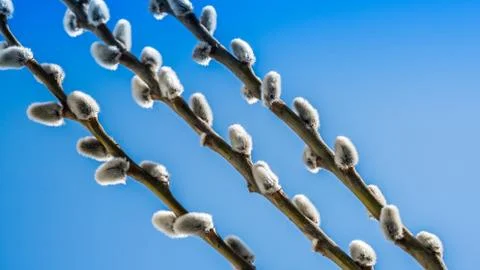 Willow twigs on blue background Stock Photos