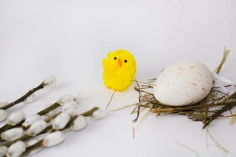 Willow twigs, chicken and Easter egg on the hay are on a white isolated  Stock Photos
