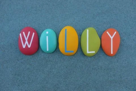 Willy, masculine given name composed with handmade multicolored stone letters Stock Photos