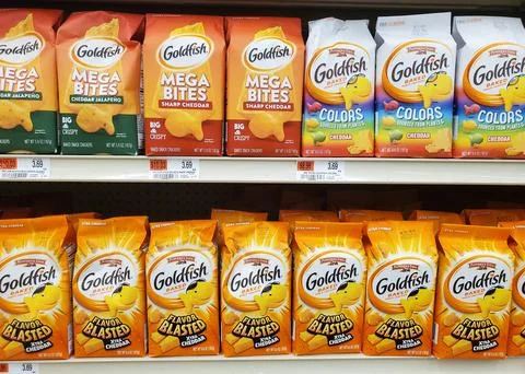 Wilmington, Delaware, U.S - June 26, 2024 - The variety of Goldfish snack c.. Stock Photos