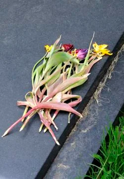 Wilted flowers on gravestone Stock Photos