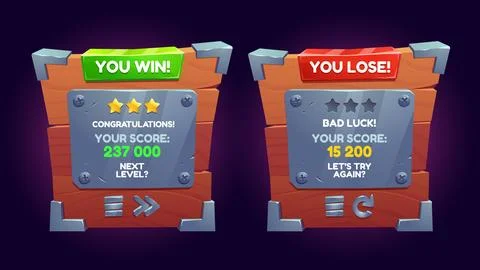 Win and lose ui game wooden screen design vector Stock Illustration