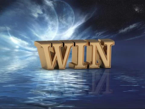 WIN bright word, night sky, too moon, sea on white background Stock Illustration