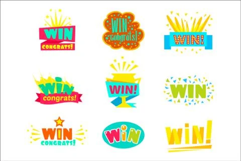Win Congratulations Stickers Assortment Of Comic Designs For Video Game Winning Stock Illustration