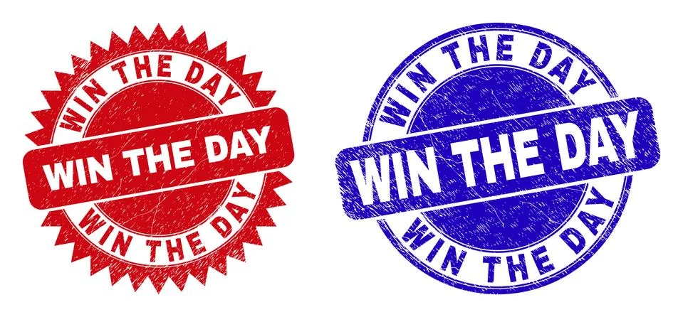 WIN THE DAY Round and Rosette Seals with Grunge Texture Stock Illustration