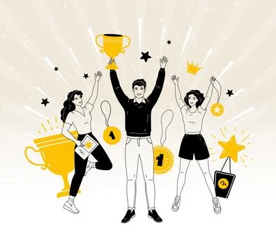 Win game. Line team with trophy, hand drawn man and woman partners, golden .. Stock Illustration
