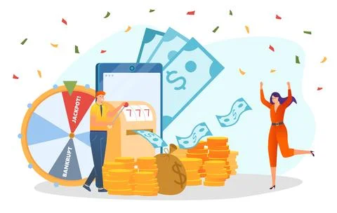 Win lottery concept, vector illustration, flat tiny man woman character stand Stock-Illustration