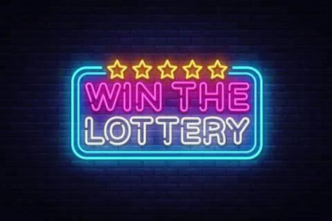 Win the Lottery neon text vector design template. Lotto symbols neon logo, light Illustrazione stock