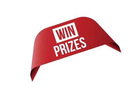 Win prizes red ribbon label banner. Stock Illustration