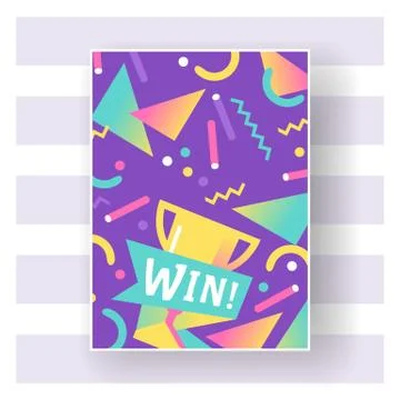 Win sign with bright lines, dots and geometric shapes poster, banner vector Stock Illustration
