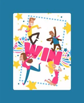 Win sign with bright lines, star shapes poster, banner vector illustration Stock Illustration