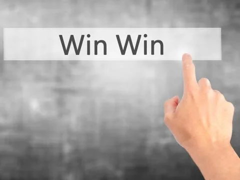 Win Win - Hand pressing a button on blurred background concept on visual scre 스톡 사진