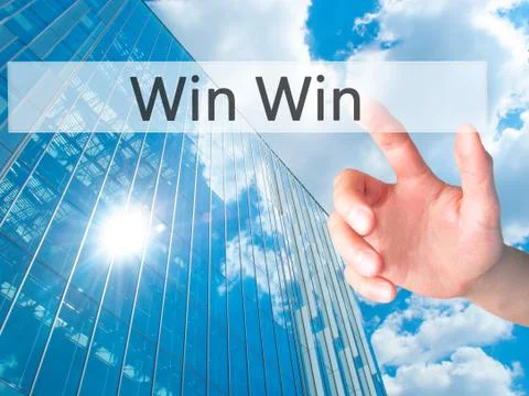 Win Win - Hand pressing a button on blurred background concept on visual scre 스톡 사진