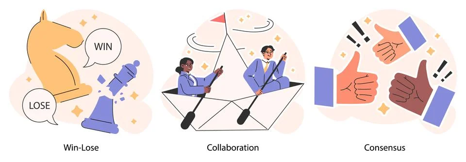 Win-win set. Professionals, employees navigate challenges, finding mutual Stock Illustration