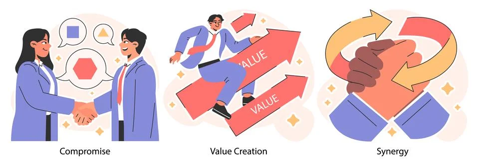 Win-win set. Professionals, employees navigate challenges, finding mutual Stock Illustration