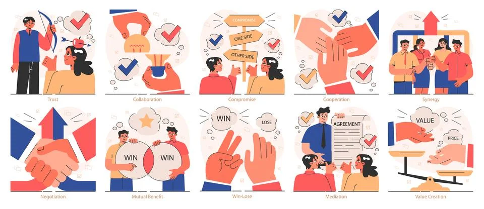 Win-win set. Professionals, employees navigate challenges, finding mutual Stock Illustration
