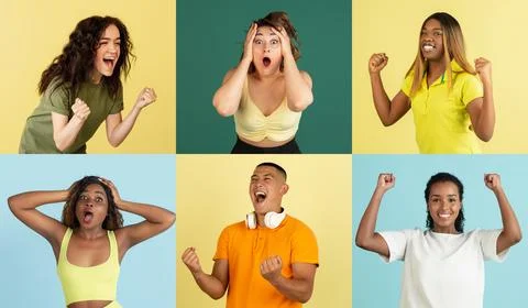 Win, winner. Collage of six young people, man and women isolated over colored Stock Photos