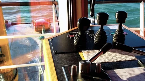 Winch control levers on bridge of tug. Close-up view Stock Footage 72164757
