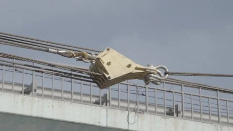 Winch pulling, cables, bridge construction Video stock 276968425