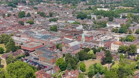 Winchester City Centre Aerial Reverse Pullback Over Historic Rooftops Stock Footage 340603883