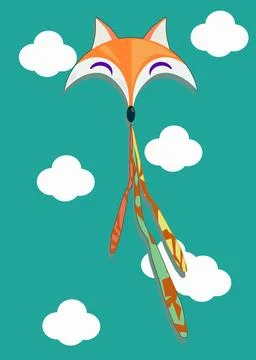 Wind air kite of cute fox animal shape. Kids flying floating paper toy design Stock Illustration