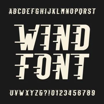 Wind alphabet vector font. Oblique type letters and numbers. Stock Illustration