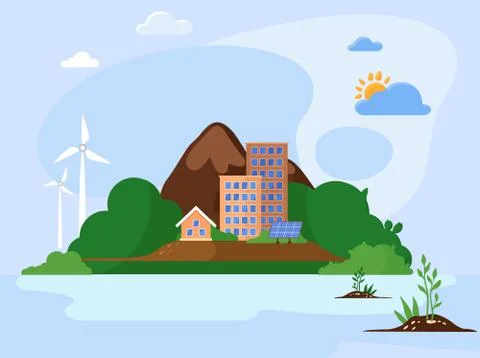 Wind alternative energy generator green vector background and solar panels in イラスト素材