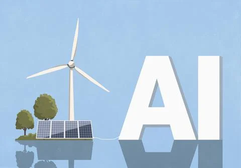 Wind and solar farm plugged into large AI letters on blue background Stock Illustration