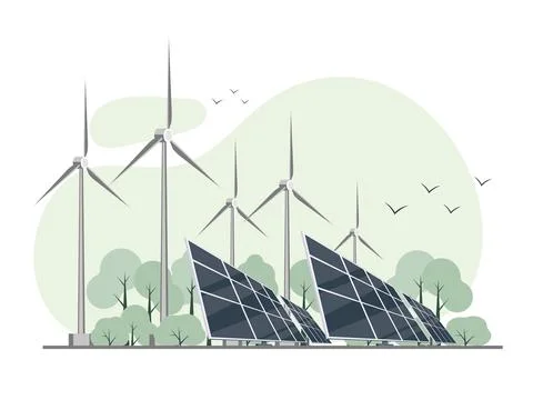Wind and solar generation. Solar panels and wind turbines on nature backgroun Stock Illustration