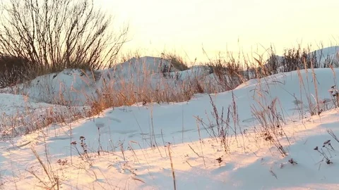 Wind and sun in winter. Human footsteps on snowy hill. Tracking LR shot Stock Footage 74734458