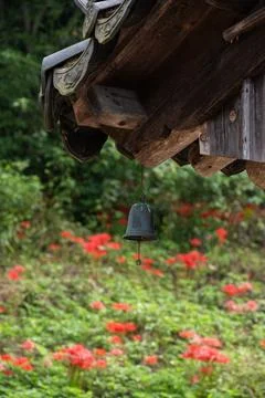 A wind-bell under the eaves of a red-flowered garden background Stock Photos