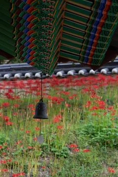 A wind-bell under the eaves of a red-flowered garden background Stock Photos