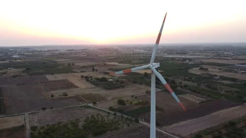 Wind blade aerial view at sunset - drone shot - Italy Video stock 159072083