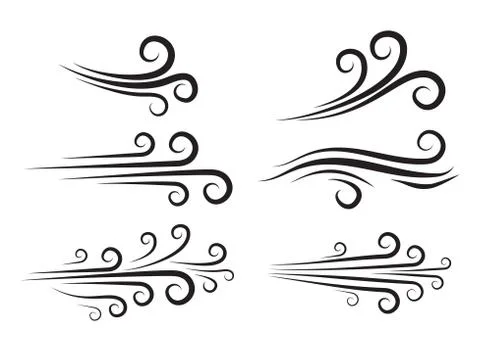 Wind blow icon set. Windy weather swirl vector shape. Silhouette of speed blo Stock Illustration