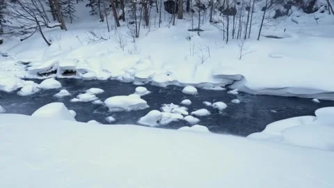 Wind blowing blizzard snow over frozen river winter landscape Stock Footage 264482042