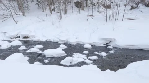 Wind blowing blizzard snow over frozen river winter landscape Stock Footage 273643587