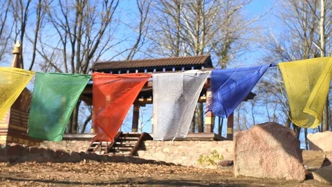 Wind blowing the colorful prayer flags Stock Footage 74382451