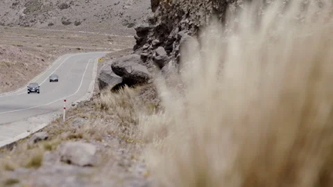 Wind blowing Dried bush next to desolate road slow motion highland dried traffic Stock Footage 274350790