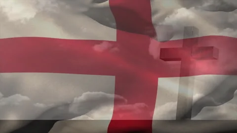 Wind blowing flag through clouds, revealing red cross and ghosted 3D cross for Stock Footage 310756637