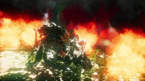 Wind blowing on a flaming trees during a forest fire Stock Illustration